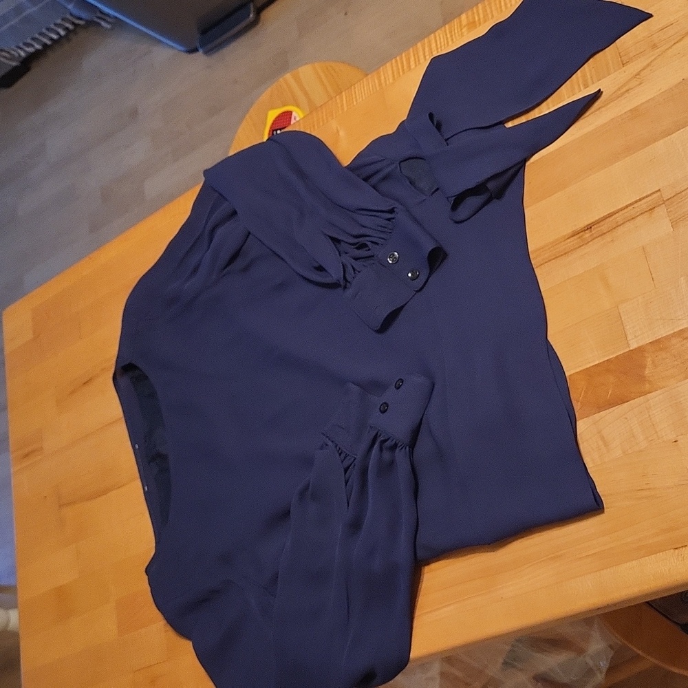 100% Silk Long Sleeve Navy Blue Boat Neck Blouse With Side Bow Ribbons Lined